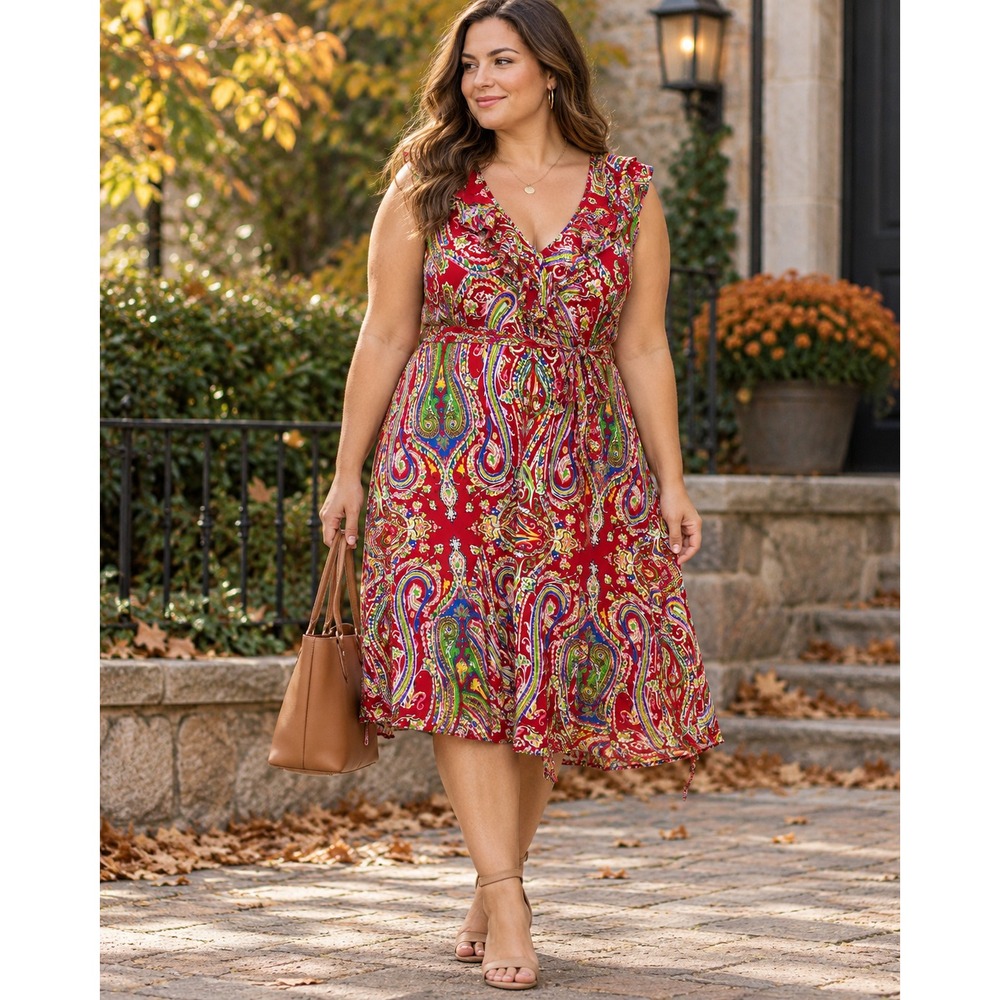 Lauren Ralph Lauren Red Paisley Ruffle Neck Sleeveless Cotton Dress Plus Size 2X